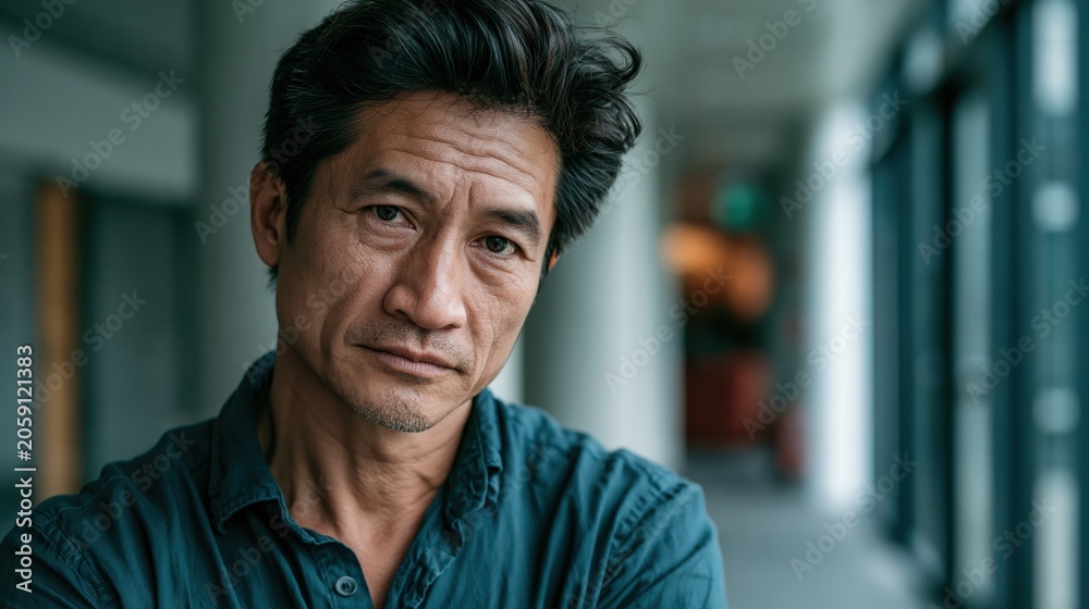 Fototapeta premium Neurodiversity Workplace Middle Aged Vietnamese Slim Man For Wellbeing