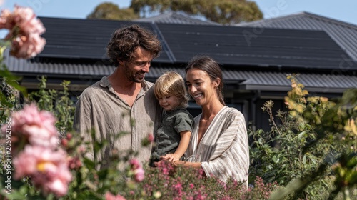 Family in garden before solar panel home.