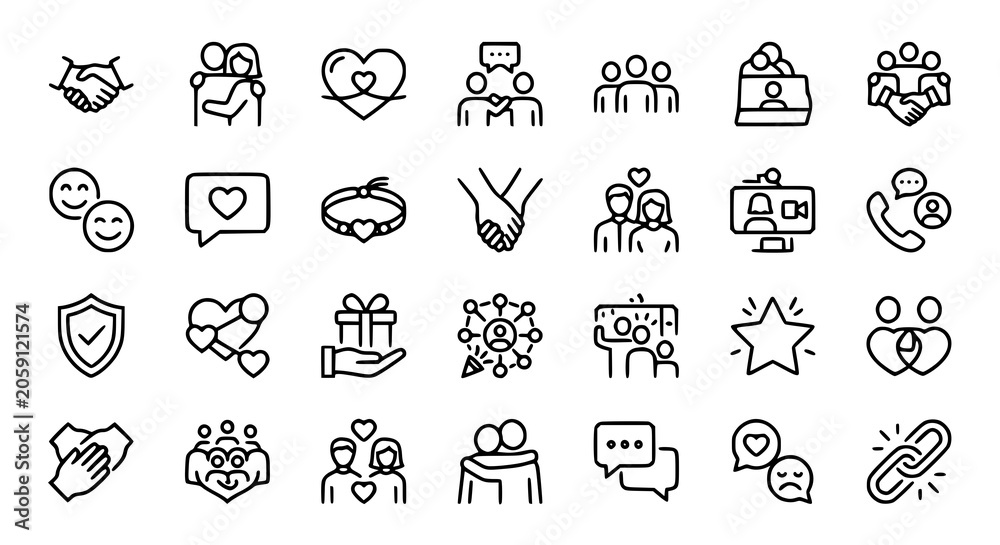 Fototapeta premium Set of 30 Relationship and Friendship Editable Stroke Outline Icons with Social Connection and Love Symbols Vector Collection