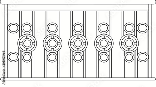Φωτογραφία Elegant metal balustrade with elaborate repeated circular and vertical line motifs, isolated white background
