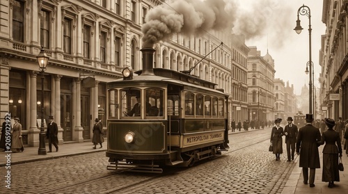 Vintage steam tram traveling down cobblestone street in city  