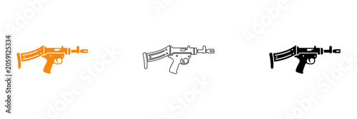 Quadro su tela Submachine gun icon set orange outline and solid black variations for tactical d