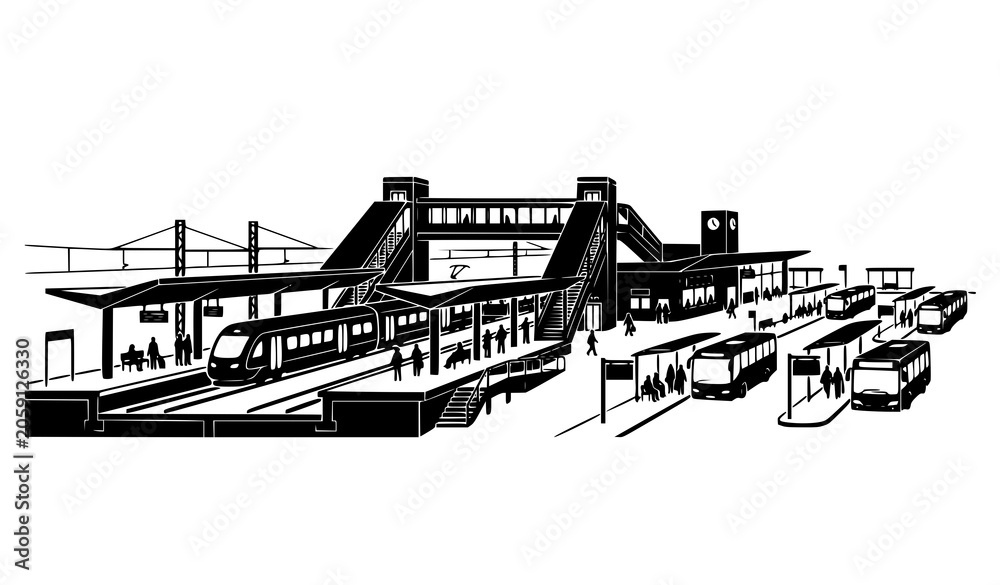 Obraz premium Contemporary Railway Platform and Bus Terminal Silhouette Public Transit Vector Design