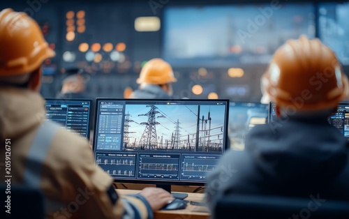 Industrial control room operators monitoring power grid system on multiple screens
