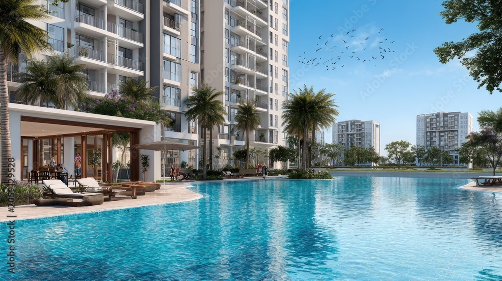 Fototapeta premium High-rise apartment building overlooking large blue swimming pool.