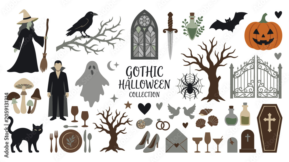 Fototapeta premium Gothic halloween collection with spooky mystical icons.