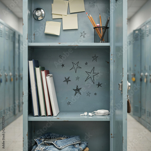 School locker contains stacked textbooks and school supplies arranged neatly in a bright hallway interior setting.