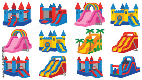 Obraz na plátně Set of inflatable castles and slides for children fun.