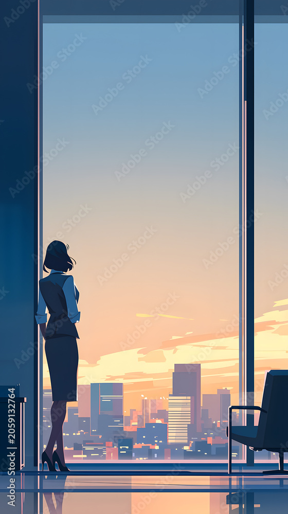 Fototapeta premium 高層オフィスの大きな窓から夕暮れ時の美しい街並みを見下ろすビジネスウーマンの後ろ姿を描いた縦型イラスト