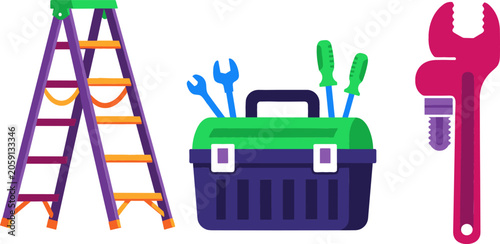 Home Repair and Professional Construction Hand Tools Vector Set featuring Stepladder, Loaded Industrial Toolbox, and Adjustable Pipe Wrench Symbols for Hardware Stores