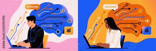 Neural network concept. Man and woman with laptop study digital AI brain. Artificial intelligence technologies, machine learning, automated education. Flat hand drawn vector illustration collection
