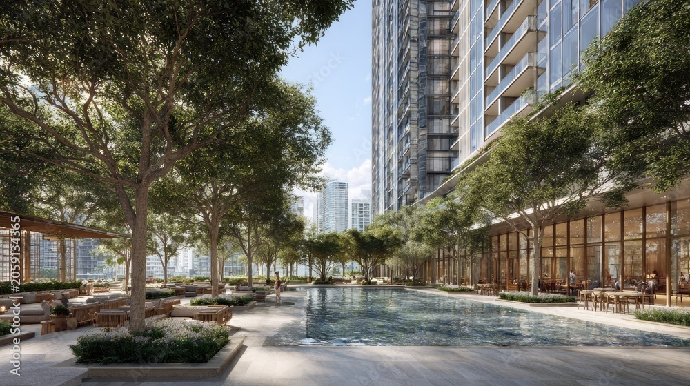 Naklejka premium Modern luxury apartment complex featuring pool and landscaped courtyard.
