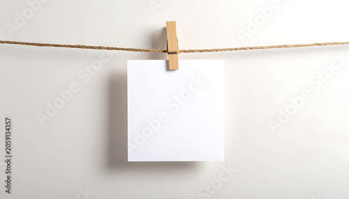 Blank white paper card hanging on golden string with wooden clip, copy space