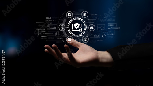 Quadro su tela Hand Reaching Toward Digital Security Symbols Representing Data Protection, Privacy, and Cybersecurity Solutions in a Technological Environment