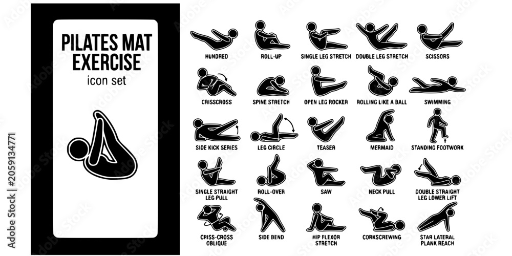 Naklejka premium Pilates Mat Exercise Bold Line Icons-Hundred Roll-Up Single Leg Double Leg Scissors Crisscross Spine Stretch Rocker Rolling Swimming Side Kick Teaser Mermaid-25 Pilates Icon Set Vector
