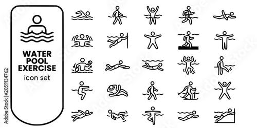 Water Pool Exercise Bold Line Icons-Lap Swimming Pool Walking Water Aerobics Aqua Jogging Noodle Flutter Kick Star Float Kickboard Dolphin Kick Treading-25 Aqua Exercise Icon Set Vector