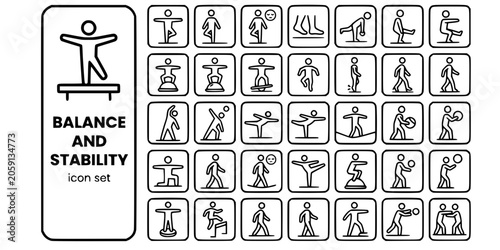 Balance Stability Exercise Bold Line Icons-Single Leg Stand Tandem Deadlift Pistol BOSU Balance Board Hop Tiptoe Heel Walk Airplane Slackline-25 Balance Icon Set Vector