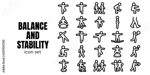 Balance Stability Exercise Bold Line Icons-Single Leg Stand Tandem Deadlift Pistol BOSU Balance Board Hop Tiptoe Heel Walk Airplane Slackline-25 Balance Icon Set Vector