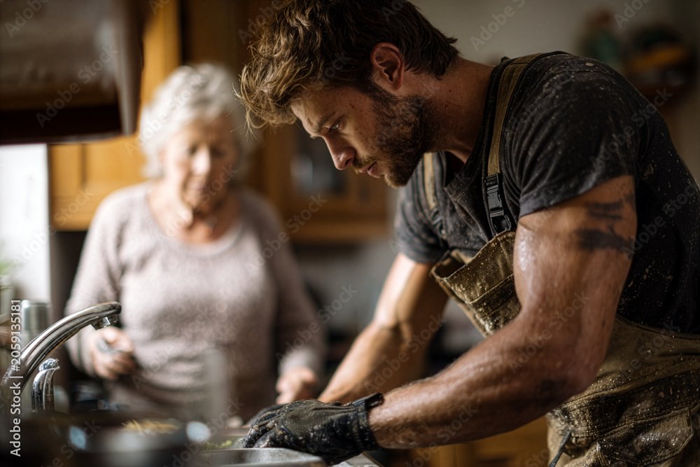 Obraz premium Worker in overalls washing dishes helping elderly woman