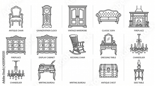 Vintage furniture collection including antique clock, armchair, sofa, and cabinet on display