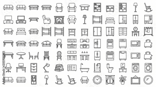 A collection of various furniture and household items icons are shown.