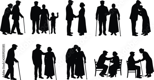 Billede på lærred Senior couple silhouettes vector set featuring elderly husband and wife interact