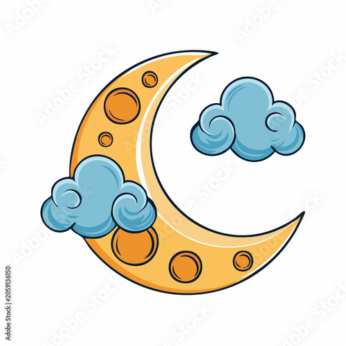 Cartoon Crescent Moon with Clouds