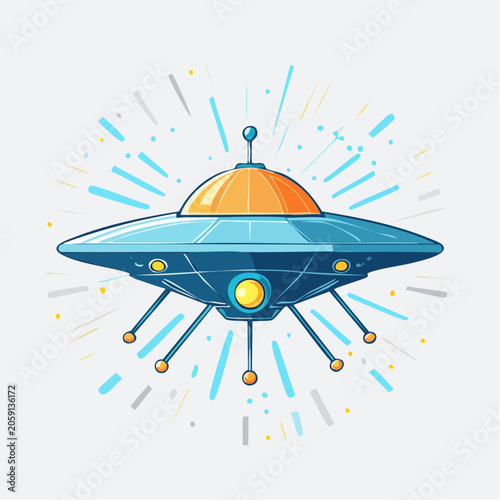 Cartoon UFO Flying Saucer with Lights and Rays
