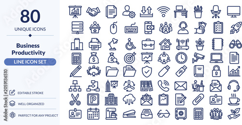 Business Productivity Icon Set – 80 Editable Line Icons | Office Tools, Communication & Workflow Vector Illustration