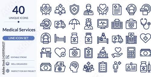 Medical Services Icon Set – 40 Editable Line Icons | Healthcare, Hospital & Doctor Vector Illustration