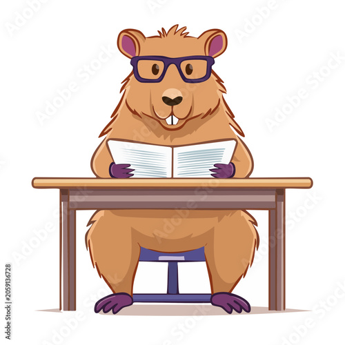 Cartoon gopher reading a book at a desk