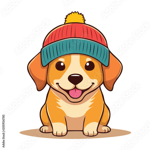 Cute cartoon puppy wearing a colorful winter beanie