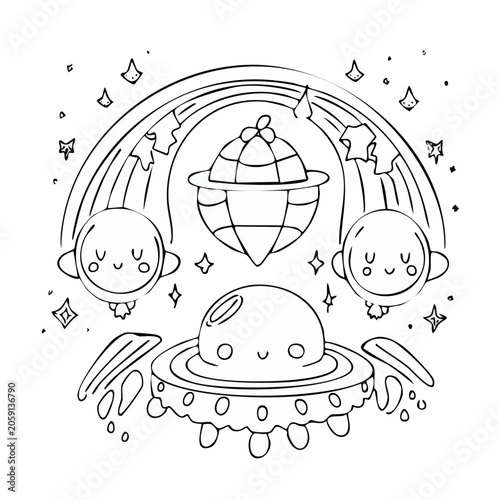 Cute Space Scene Line Art Illustration