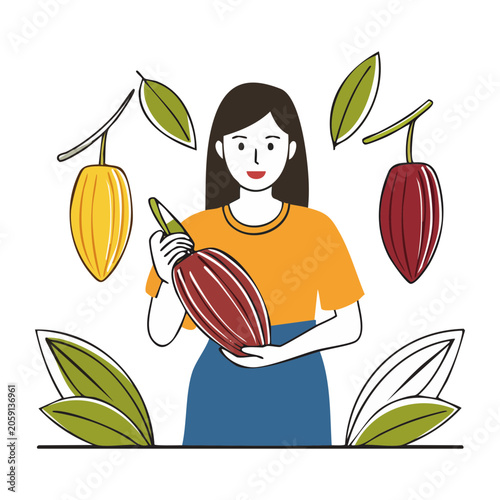 Woman holding cacao pod in flat vector style