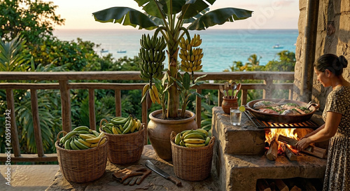 Woman cooking fish outdoors terrace