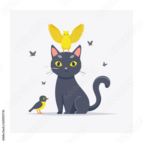 Black cat with yellow bird on head illustration