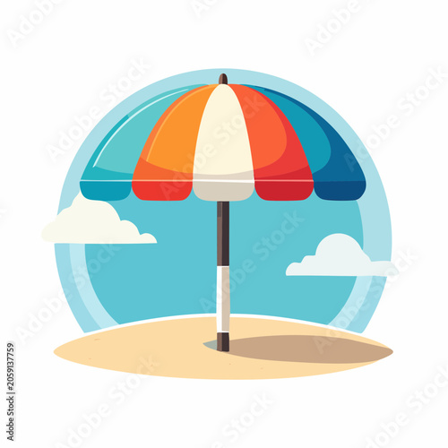 Colorful Beach Umbrella on Sandy Shore with Clouds