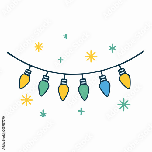 Hand-drawn string of colorful Christmas lights with snowflakes