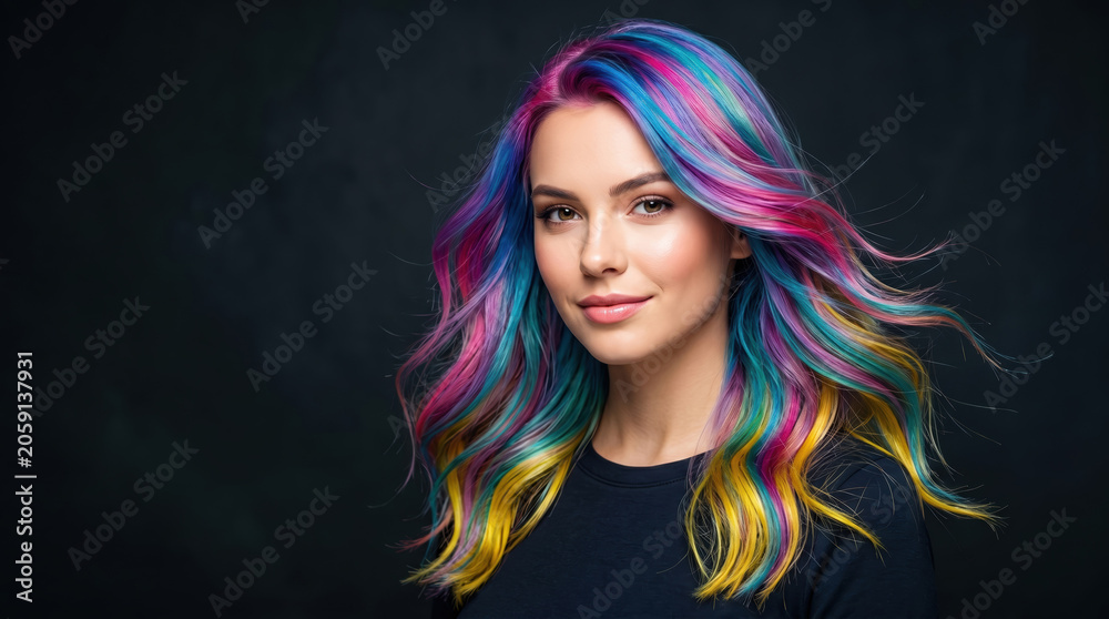 Fototapeta premium A young woman stands in a studio with her hair styled in bright colors. She smiles as the light highlights her colorful strands. The scene shows a dark background that emphasizes her hair