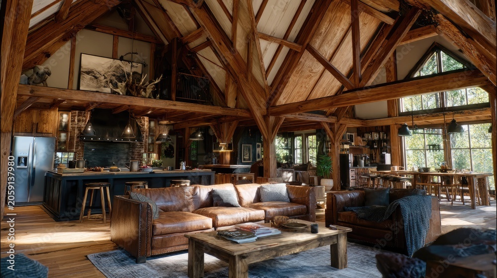 Fototapeta premium Rustic open-plan living room with wood ceiling.