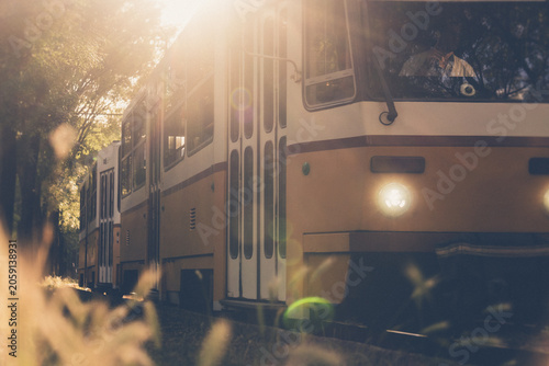 Modern tram moving on tracks in a city street during golden hour