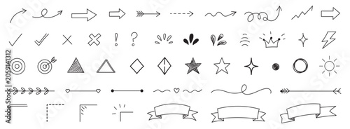 Scribble doodle set on notebook paper. Hand drawn black ink elements for design. Speech bubbles, arrows, hearts and shapes. Vector illustration for creative projects.