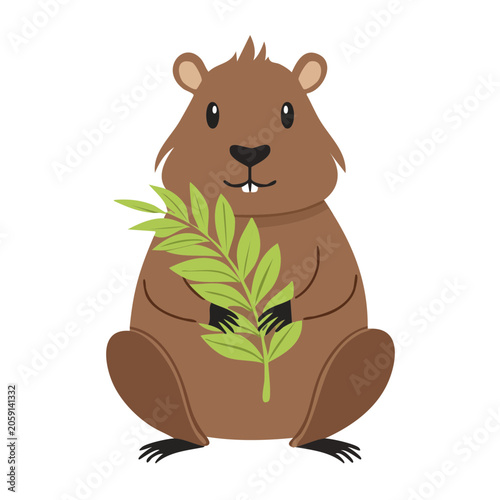 Cartoon gopher holding a green leaf