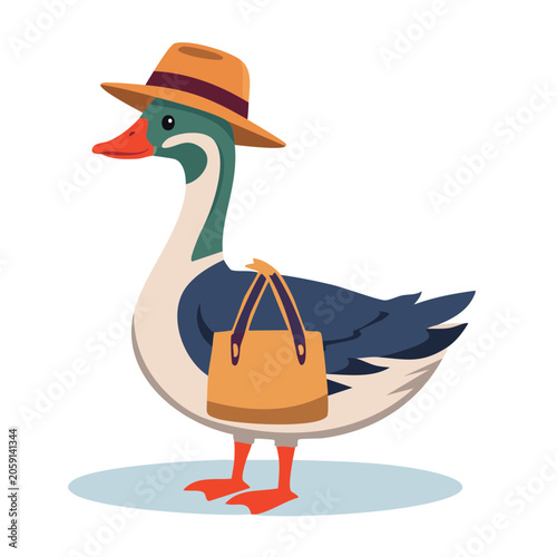 Cartoon Duck Wearing Hat and Carrying Handbag