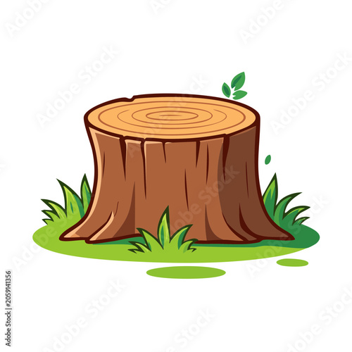 Cartoon Tree Stump with Grass and Leaf