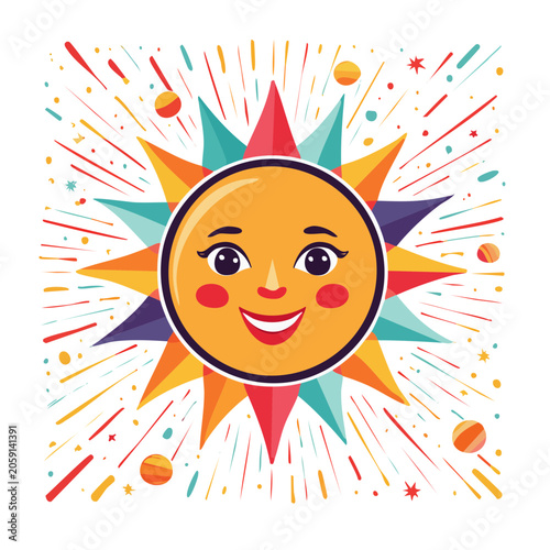 Colorful smiling sun illustration with starburst rays