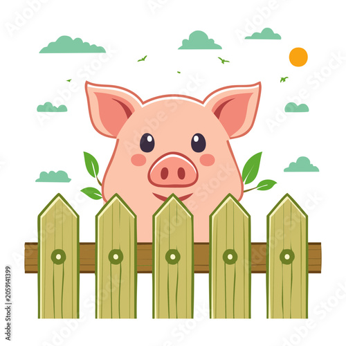 Cute cartoon pig face behind wooden fence