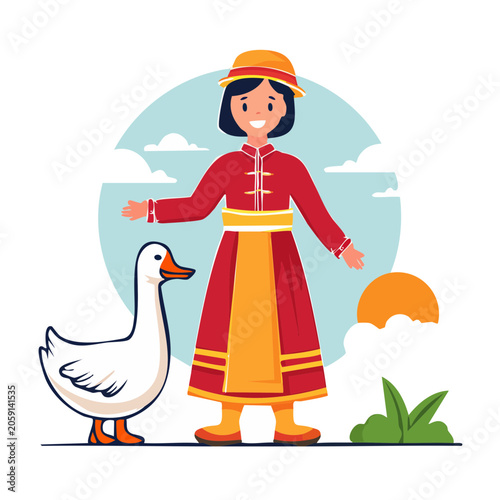 Woman in traditional dress with a goose at sunset