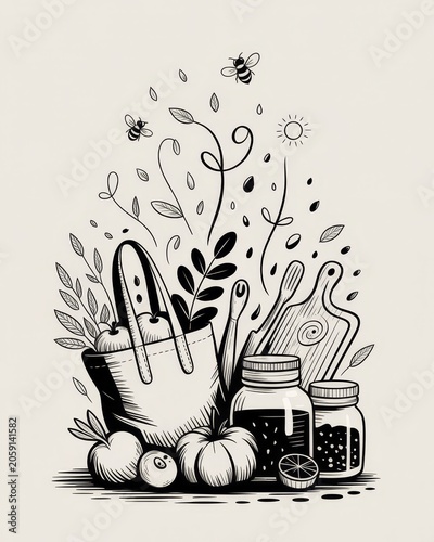 Hand drawn black sustainable poster with succulent pot, beeswax wrap, seed envelope and atmospheric rising water droplets for reusable products flyer template