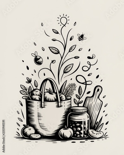 Whimsical hand drawn black vertical poster with tote bag, mason jar cluster, bamboo cutting board and rising sprout lines for eco brand packaging template